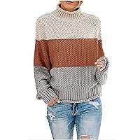 Women's Turtleneck Jumpers Casual Color Block Batwing Sweaters Long Sleeve Pullover Loose Chunky Knitted Jumper Tops