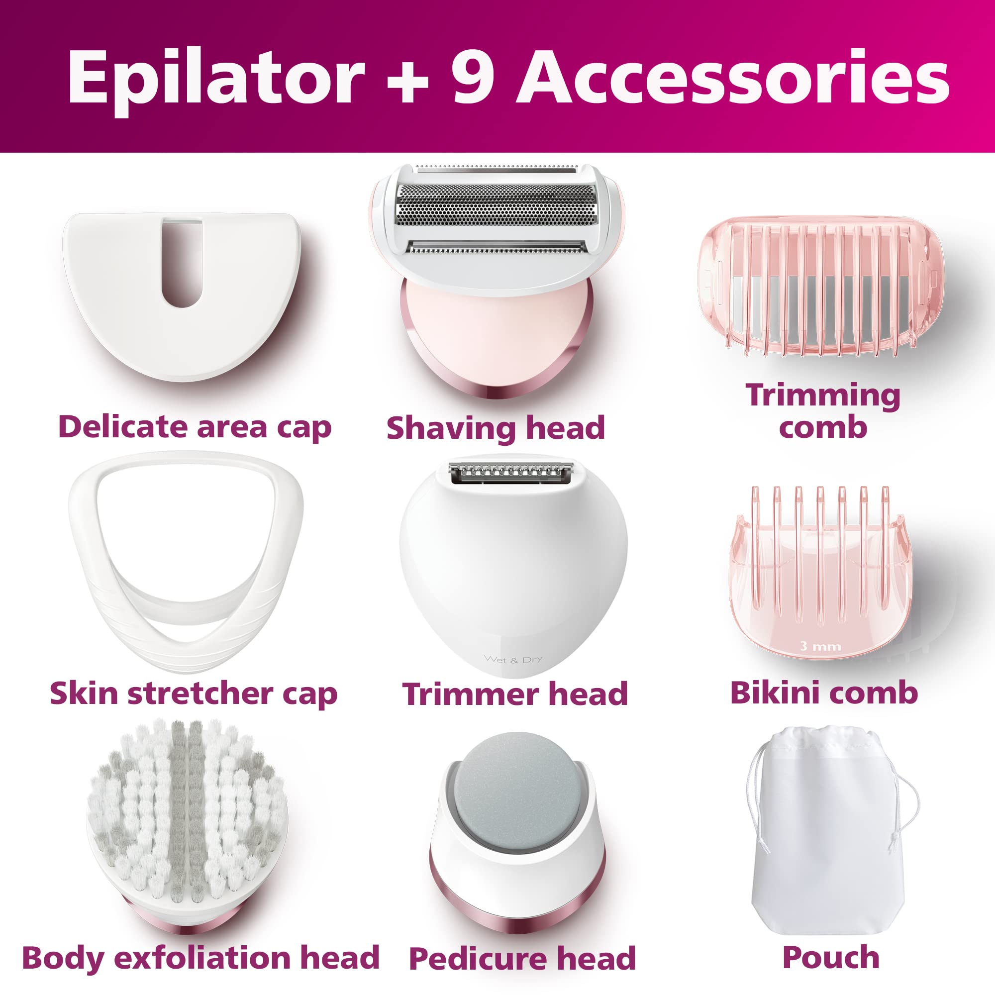 Philips Epilator Series 8000 5 in 1 Shaver for Women, Trimmer, Pedicure and Body Exfoliator with 9 Accessories, BRE740/14