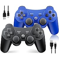 OKHAHA Controller for PS3 Controller Wireless for Sony Playstation 3 Controller, Double Shock 3, Rechargeable, Motion Sensor, Remote for PS3, 2 USB Charging Cords, 2 Pack, Black + Blue