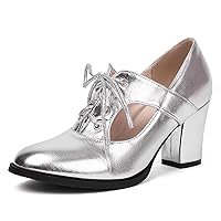 Women Chunky Heels Pumps Lace Up Closed Toe Block Heels Metallic Round Toe Shallow Court Shoes