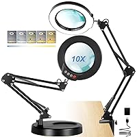 10X Magnifying Glass with Light and Stand, 5 Color Modes Stepless Dimming LED Desk Lighted Magnifier, Adjustable Swing Arm Hands Free Magnifying Lamp for Craft Reading Soldering Close Work