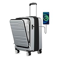 LUGGEX Carry On Luggage with Front Pocket, Expandable Polycarbonate Hard Shell Suitcase with USB Port (Silver, 20 Inch, 36.1L)