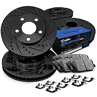 R1 Concepts Front Rear Brake Rotors Drilled and Slotted Black with Semi Metallic Pads and Hardware Kit Compatible For 2011-2014 Porsche Cayenne
