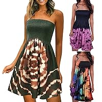 Summer Strap Dresses for Women 2024 Tie Dye Off Shoulder Bandeau Dress Sleeveless Smocked A Line Tube Top Mini Dress