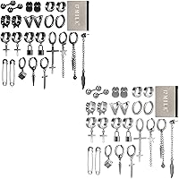 Black/Silver Cross Dangle Earrings for Men, 25 Pieces Stainless Steel Long Chain Piercing Hoop Earrings Set for Unisex