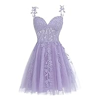 Junior's Spaghetti Straps Tulle Homecoming Dresses Short Lace Applique Prom Cocktail Dress 2023 for Teens MA12