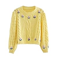 Women's French Knit Twist Embroidered Sweater, Retro Short Pullover Sweater Long Puff Sleeve Pullover