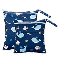 2 Pack Wet Dry Bags Waterproof Washable Travel Bags, Wet Bag with 2 Zippered Pockets for Diapers, Daycare, Bathing, Travel, Beach, Wet Swimwear, Yoga Gym (Whales)
