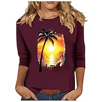 Women's 3/4 Sleeve Tops Summer Ladies Fashion V-Neck Tshirt 2024 Shirt Palm Tree Print Sexy Daily Blouse Casual Tunics