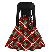 Women's Holiday Dresses Christmas Vintage Classic Dress Neck Waist Bow Tie Long Sleeves Printed Round Dress, S-2XL