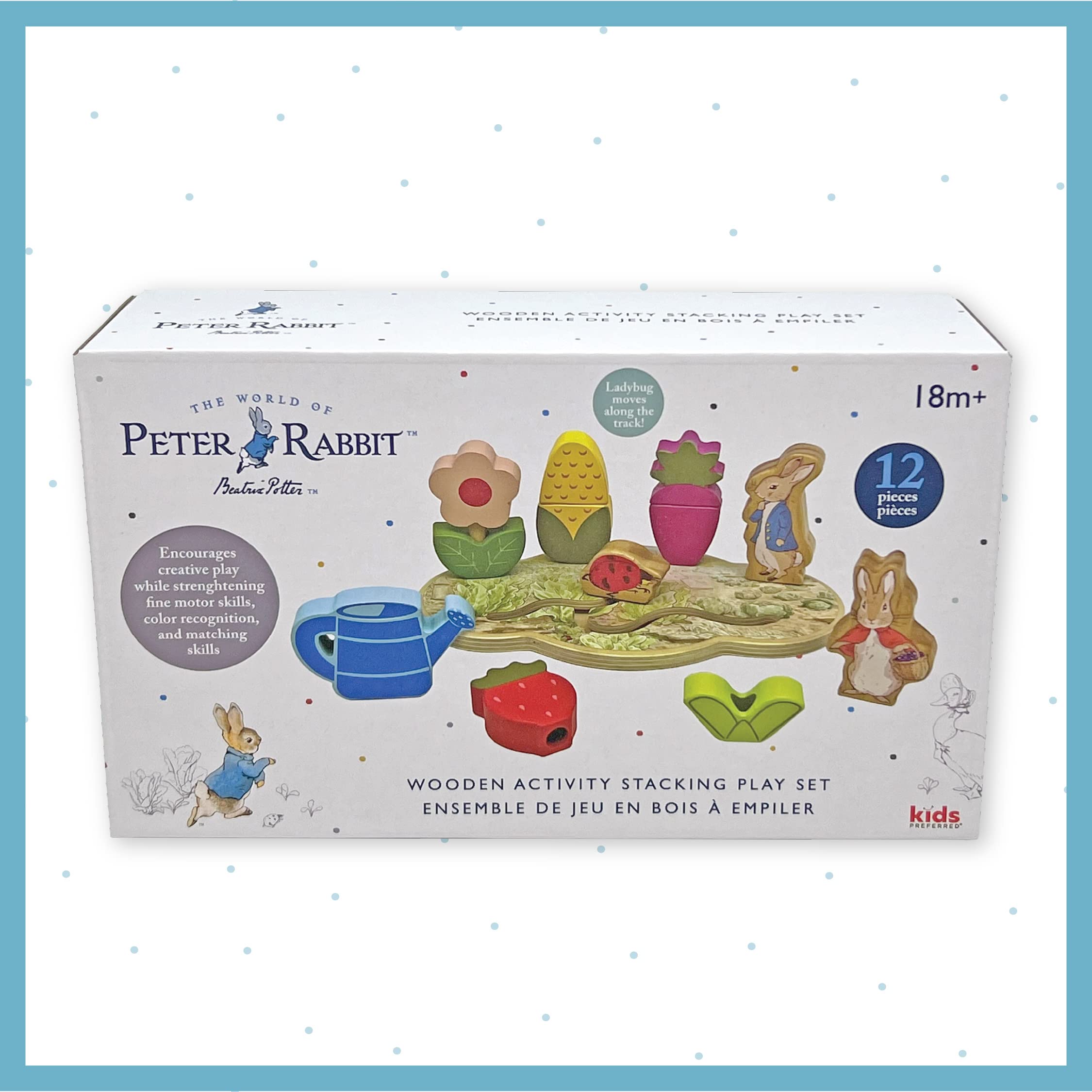 KIDS PREFERRED Peter Rabbit Garden Wooden Montessori Activity Stacker with 12 Wooden Interactive Pieces for Babies, Toddlers and Kids Based on The Beatrix Potter Books