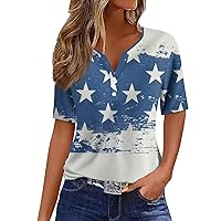 Womens Short Sleeve Tops Trendy V Neck Henley Fourth of July T Shirts Graphic Tees Fashion Ladies Button Blouses