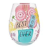 Enesco Lolita Designs Best Mom Ever Floral Hand-Painted Artisan Stemless Wine Glass, 20 Ounce, Multicolor
