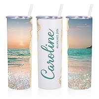 Personalized Beach Vacation Tumbler, Custom Insulated Cups with Lids and Straws, 20 oz Stainless Steel Skinny Tumbler, Customized Family Vacation Tumblers with Name, Girls Trip Weekends Gifts