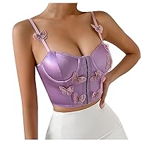 Women Lace 3D Butterfly Spaghetti Strap Bustier Crop Tops Summer Sexy Cute Casual Push Up Bra Party Cami Tank Tops