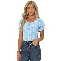 Allegra K Gingham Plaid Blouse for Woman's Peasant Round Neck Ruffles Puff Sleeve Top