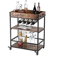 SogesHome Industrial Bar Cart Home, Wine Cart on Wheels with Shelf, Kitchen Serving Utility Cart Beverage Cart with Wine Rack and Glass Holder, Rustic Brown