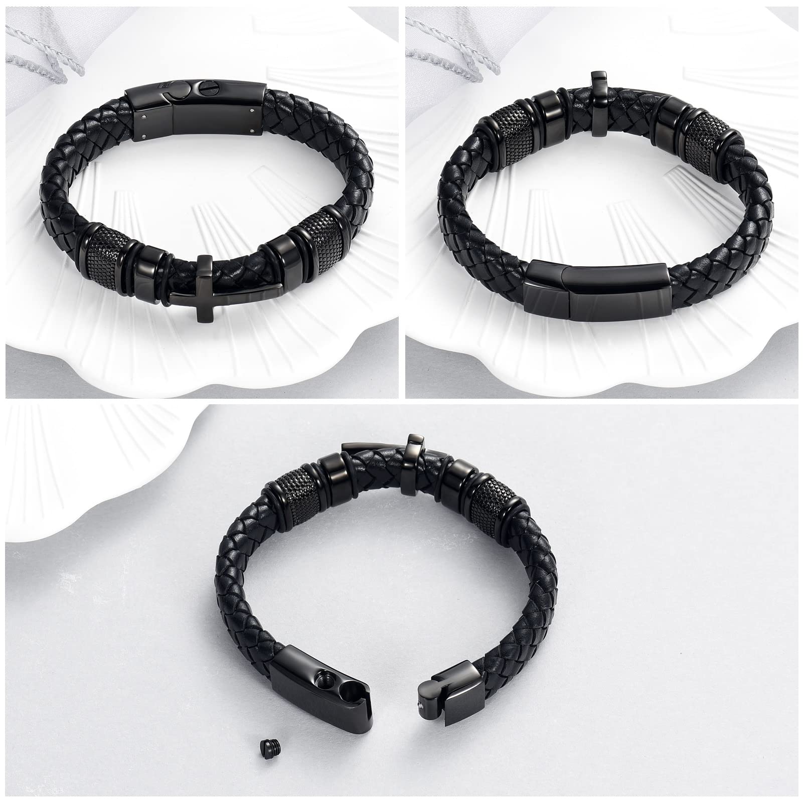 Minicremation Cross Cremation Jewelry Urn Bracelet for Ashes Genuine Leather for Women Men Keepsake Memorial Cuff Bangle Braided Wristband Bracelet for Men