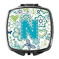 Caroline's Treasures Letter N Flowers and Butterflies Teal Blue Compact Travel Mirrors, Multicolor
