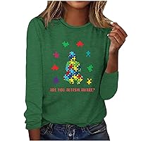 are You Autism Aware? Women Letter Shirts Funny Puzzle Graphic Long Sleeve Tee Tops Autism Awareness Support Bloues
