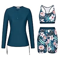 JASAMBAC 3 Piece Long Sleeve Rash Guard for Women Half Zip UPF 50+ Swim Shirt with Zipper Pockets Workout Athletic Swimsuits