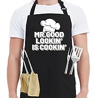 Funny Chef Aprons for Men - Mr.Good Lookin' is Cookin' - Men’s Funny Kitchen Cooking Grilling BBQ Aprons with 2 Pockets - Birthday Father’s Day Christmas Gifts for Dad, Husband, Boyfriend