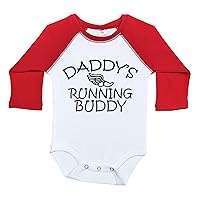 Running Raglan Onesie, Daddy's Running Buddy, Long Sleeve Baby Onesie (0-3m, Red Sleeves)