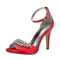 Womens Rhinestone Sandals Heels Silver Satin Wedding High Heeled Bride Dress Party Evening Shoes 10.5CM Job Adjustable Buckle
