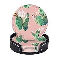 Cactus Printed Drink Coasters with Holder Leather Coasters Set of 6 Tabletop Protection Decorate Cup Mat for Coffee Table Bar Kitchen Dining Room