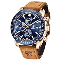 BENYAR Men's Watch Quartz Sports Chronograph Fashion Business Luxury Brand Waterproof Watch Analog Date Men's Brown Leather Watch for Men