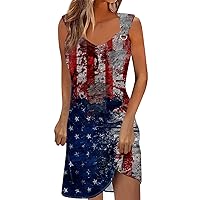 American Flag Dress Women Summer Casual Independence Day Printed Sleeveless Hollow Round Neck Loose Beach Dresses