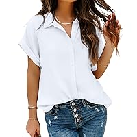Pausus Women Chiffon Button Down Shirts with Pocket Short Sleeve Office Blouses V Neck Casual Business Tops Slim Fit Shirts