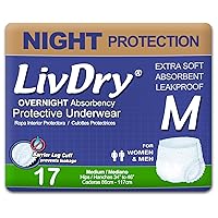 LivDry Adult M Incontinence Underwear, Overnight Comfort Absorbency, Leak Protection, Medium, 17-Pack