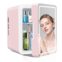 Mini Skincare Fridge (4 Liter/6 Can) with Dimmable LED Light Mirror, Cooler and Warmer for Refrigerating Make Up, Skin Care and Food, Portable Mini Fridge for Bedroom, Office and Car, Pink
