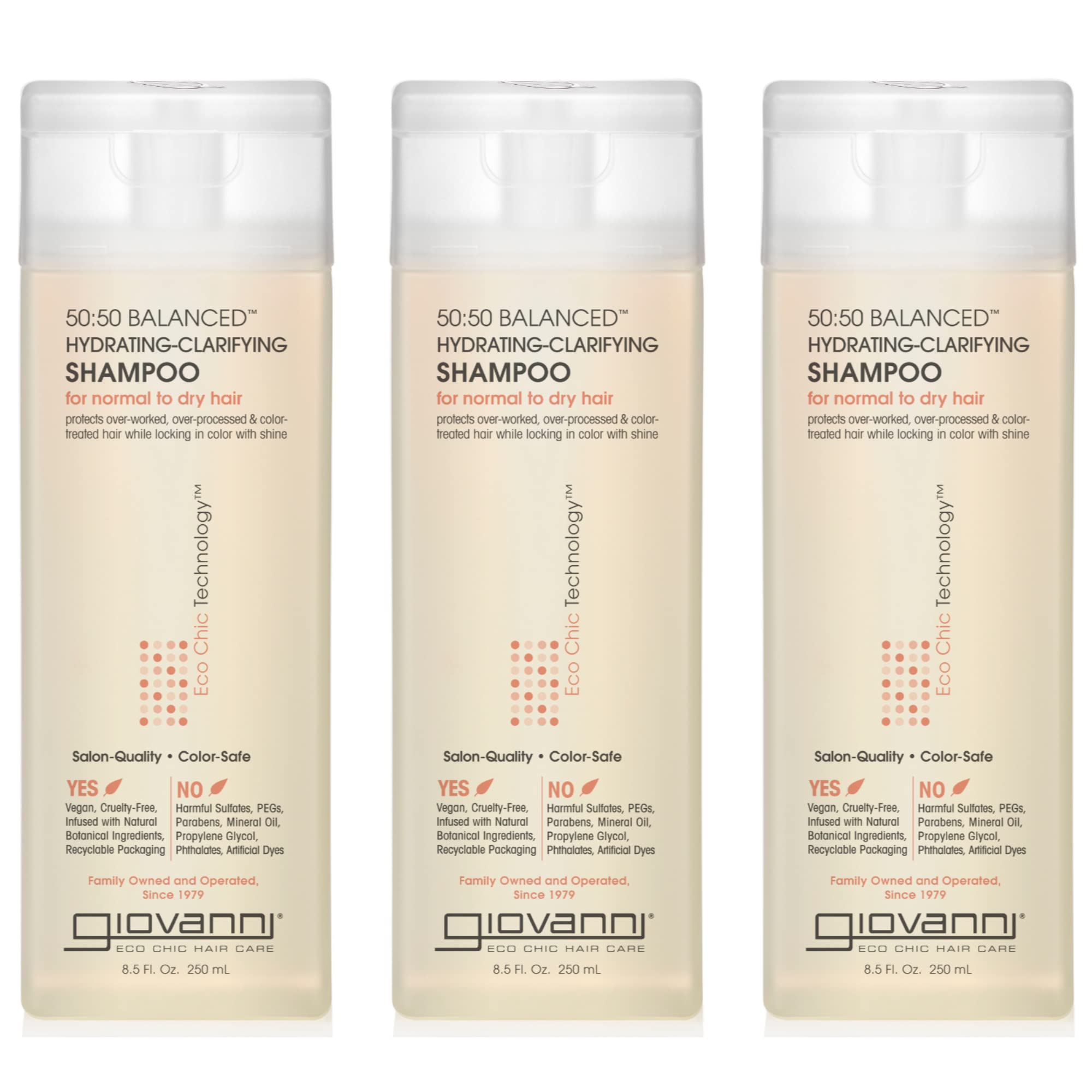 GIOVANNI ECO CHIC 50:50 Balanced Hydrating Clarifying Shampoo - Leaves Hair pH Balanced for Over-Processed Hair, Provides Moisture & Protection, Salon Quality, No Parabens, Color Safe - 8.5 oz (3 Pack)