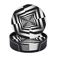 Black White Square Spiral Print Coasters Leather Drink Coasters Set of 6 Heat Resistant Bar Coasters with Storage Case Round Cup Mat Pad for Living Room Kitchen Office Gift