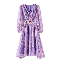 Women Dress Silk Floral Printed V Neck 3/4 Sleeve Back Elastic High Waist Everyday Midi A Line Dress 2811
