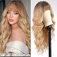 BLONDE UNICORN Ombre Blonde Wigs with Bangs Long Wavy Curly Wig for Women Natural Curly Synthetic Resistant Fiber Wigs for Women Daily Party Use 24IN