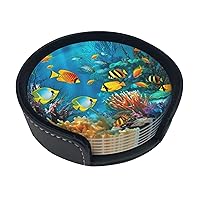 The Underwater World Tropical Fish Coasters for Drinks Set of 6 with Holder Non-Slip Leather Coaster Round Drink Coaster for Tabletop Protection, Cup Mat for Coffee Table Decor