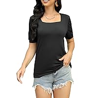 Lace Short Sleeve Tops for Women Trendy Fashion Square Neck Shirts Blouses