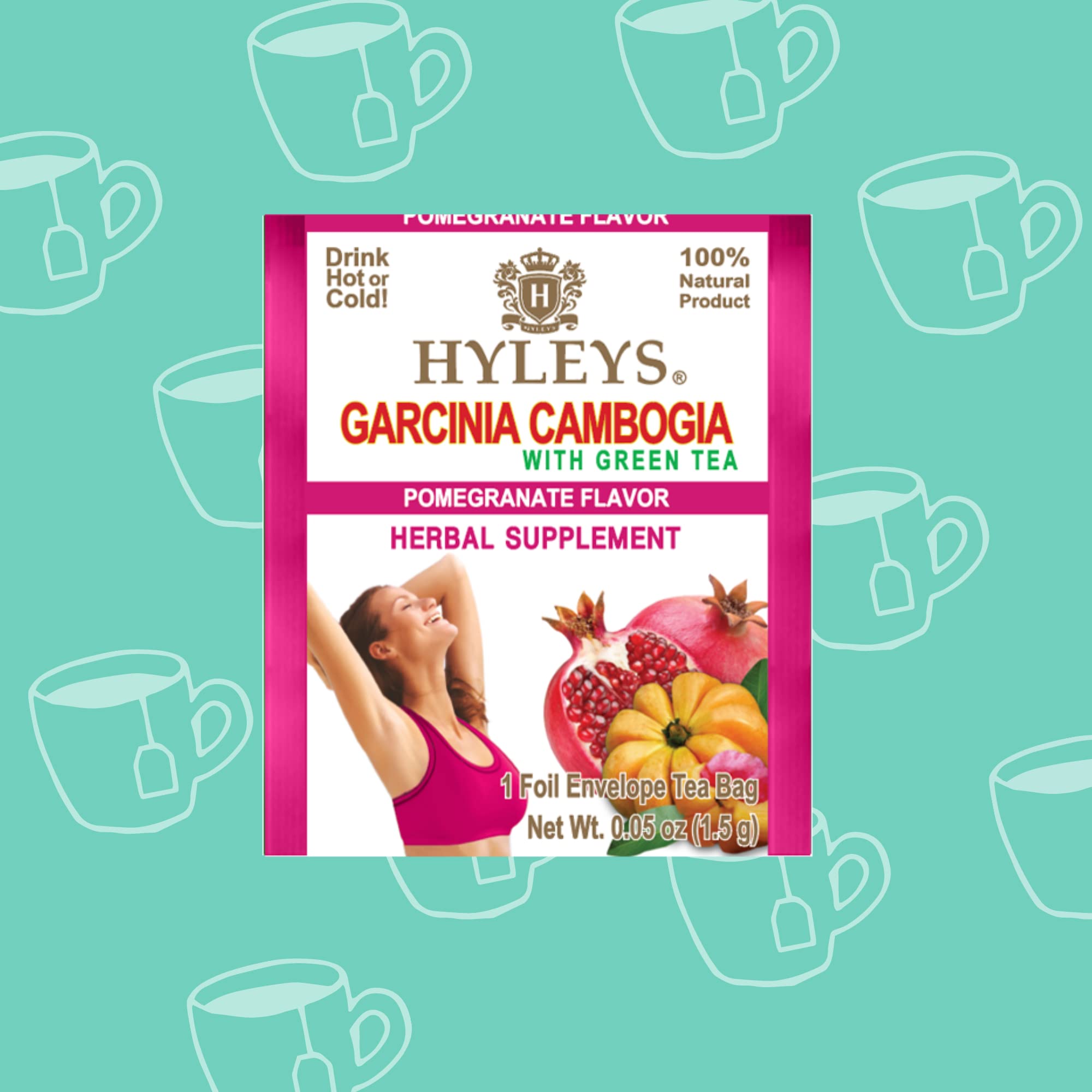 HYLEYS Tea Wellness Garcinia Cambogia Green Tea Pomegranate - 25 bags (100% Natural, Sugar Free, Gluten Free and Non GMO), Pomegranate, 25.0 Count
