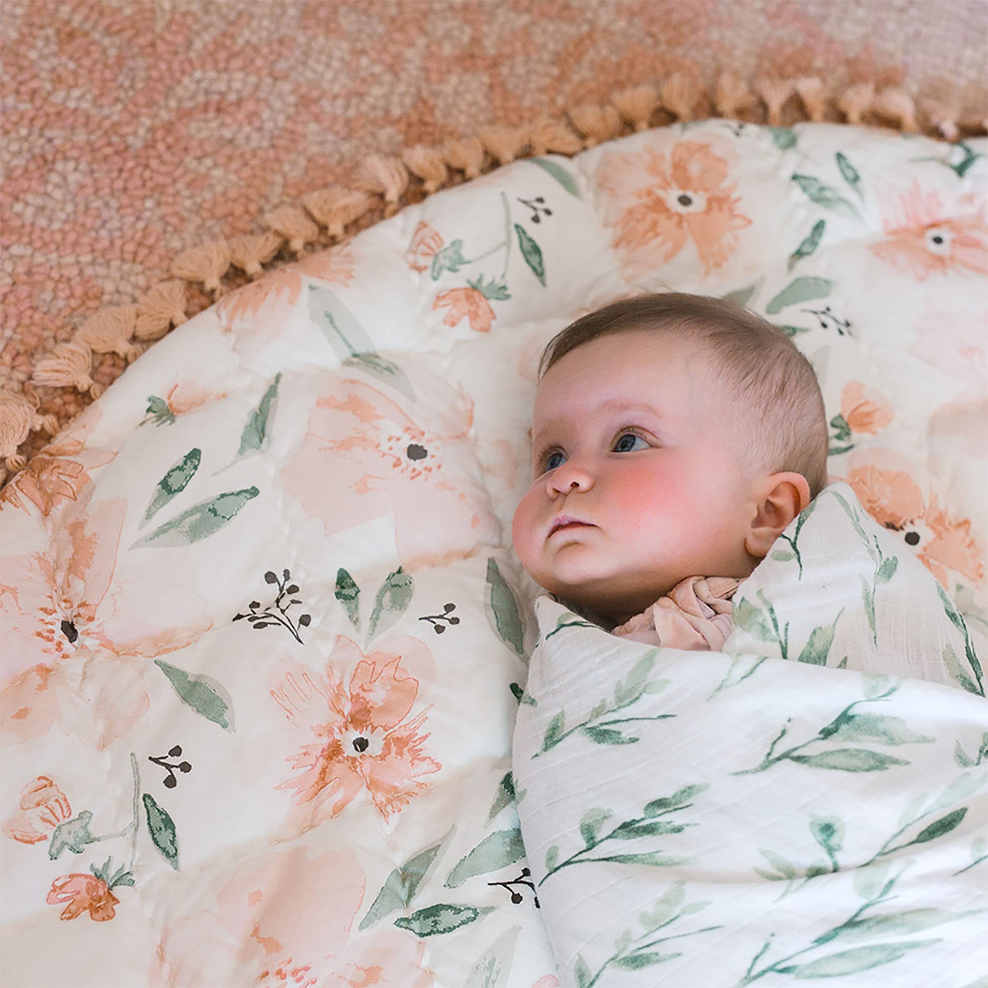 Crane Baby Activity Mat, Infant and Baby Quilted Playmat for Boys and Girls, Pink Floral, 40” x 40”