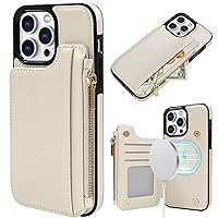 Delidigi for iPhone 15 Pro Max Case Wallet with Card Holder Compatible with Mag-Safe, Flip PU Leather Cover Zipper Pouch Wallet Case for iPhone 15 Pro Max Women, Support Wireless Charging Beige