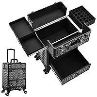 Rolling Makeup Train Case, Large Storage Professional Cosmetic Trolley Makeup Travel Case with Drawer Key Swivel Wheels Beauty Barber Tattoo Case Trunk for Makeup Nail Tech, Dark