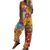 Women's Pretty Garden Jumpsuit Casual Jumpsuits Comfy Summer Rompers Spaghetti Strap Floral Print Outfits, S-3XL