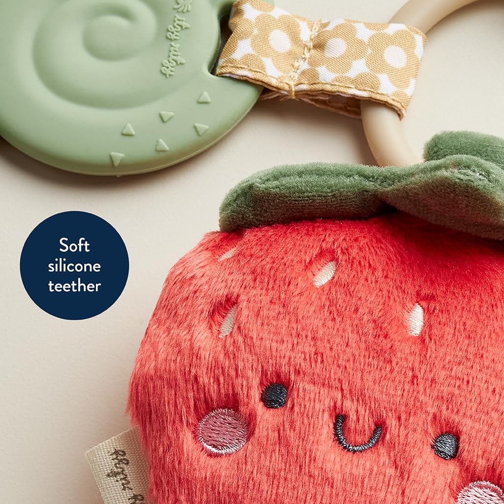 Itzy Ritzy Itzy Pal Infant Toy & Teether; Includes Lovey, Crinkle Sound, Textured Ribbons & Silicone Teether, Strawberry