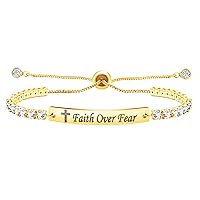 Uloveido Fashion Faith Over Dear Bracelet - Adjustable Slider Bolo Clasp Tennis Bracelet for Girls Women Hypoallergenic White Gold Plated Cubic Zirconia Inspirational Bracelets Gift Y4390