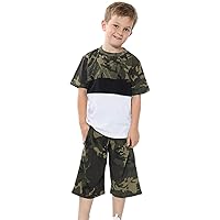 Colour Contrast Panel Camo Charcoal Top & Shorts Set T Shirt Summer Outfit 2 Piece Activewear Girls Boys Age 5-13