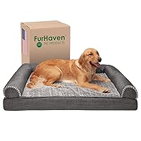 Furhaven Cooling Gel Dog Bed for Large Dogs w/ Removable Bolsters & Washable Cover, For Dogs Up to 95 lbs - Luxe Faux Fur & Performance Linen Sofa - Charcoal, Jumbo/XL