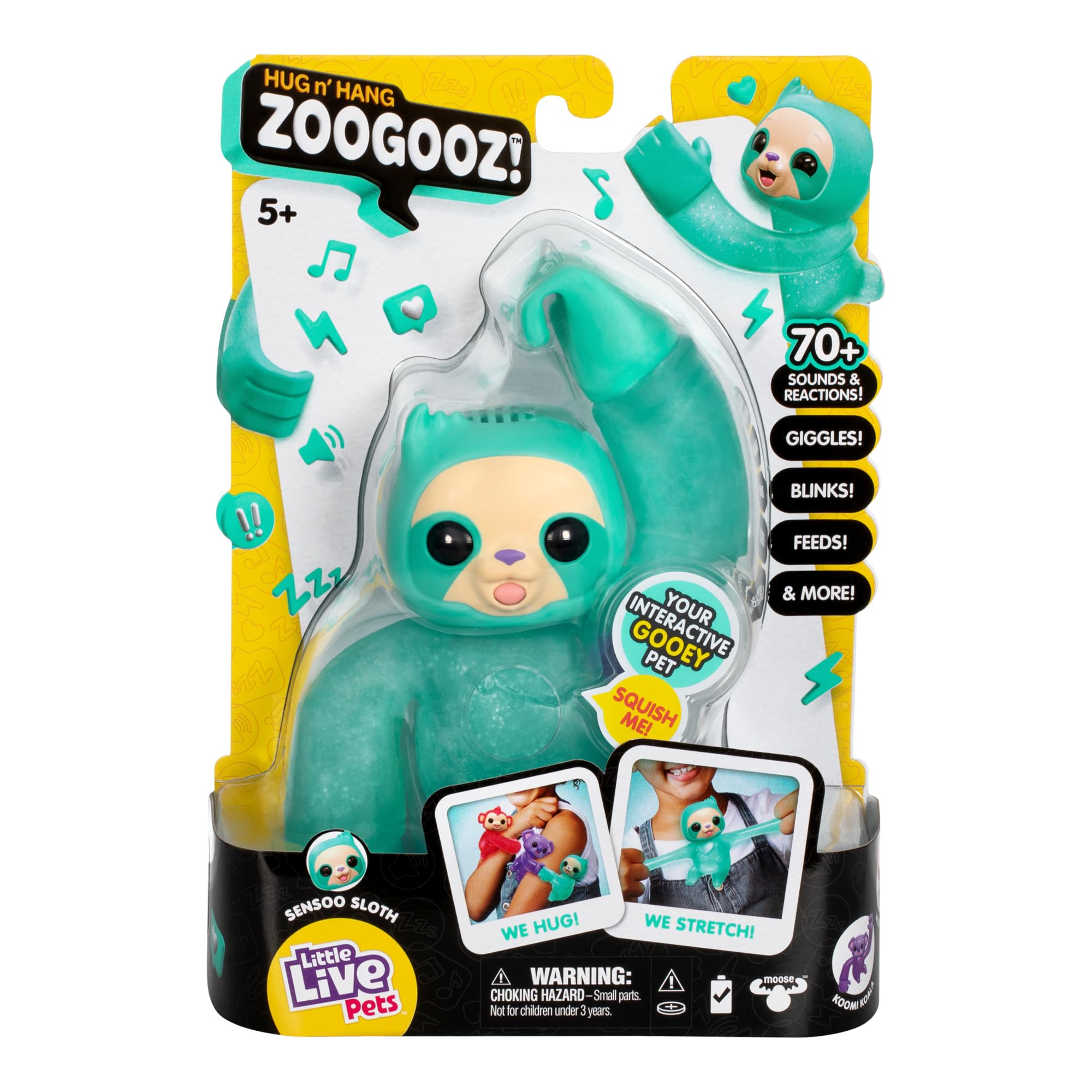 Little Live Pets Hug n' Hang Zoogooz - Sensoo Sloth. an Interactive Electronic Squishy Stretchy Toy Pet with 70+ Sounds & Reactions. Stretch, Squish and Link Their Hands